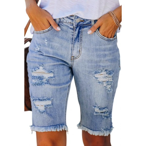  Denim Shorts for Women Casual Distressed Denim Bermuda Shorts Solid Raw Hem Cut-Out Natural Daily Ripped Shorts